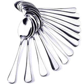 Set of 12 silver stainless steel dinner spoons set with 16 cm length arranged in a fan shape